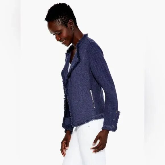 NIC+ZOE Easy Blues Textured Fringe Lightweight Moto Blazer Jacket - Picture 2 of 7